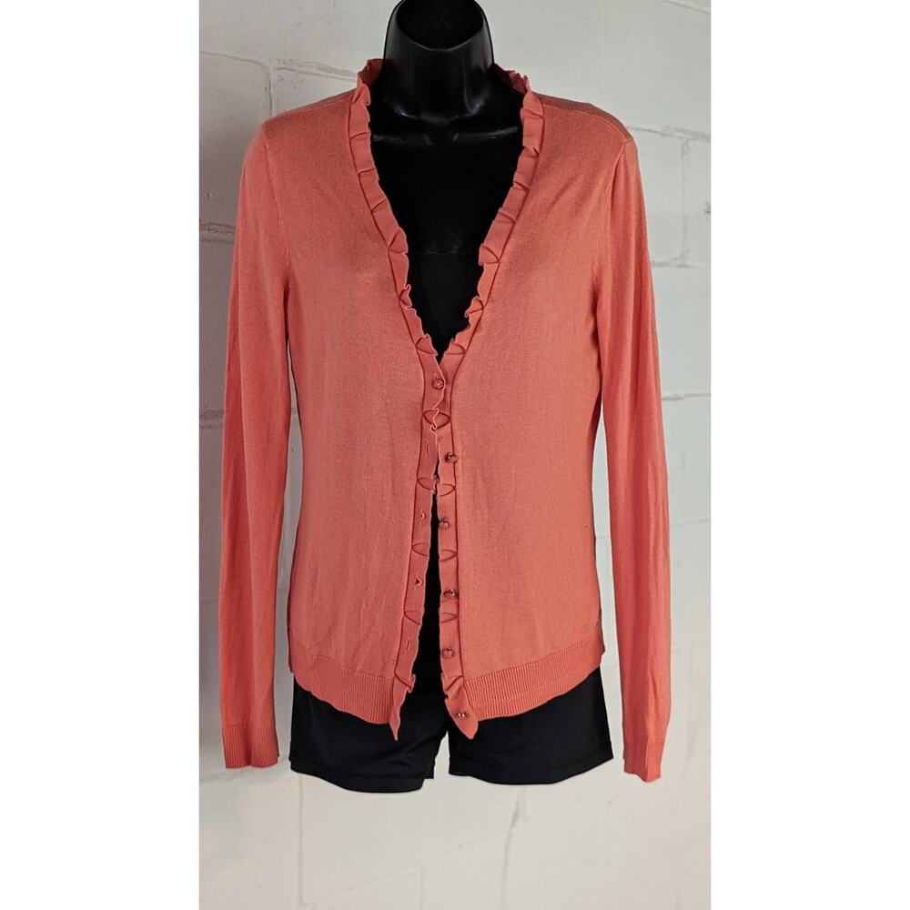 New York & Co Coral Ruffle Trim Cardigan Button Down Sweater  Knit Top Small